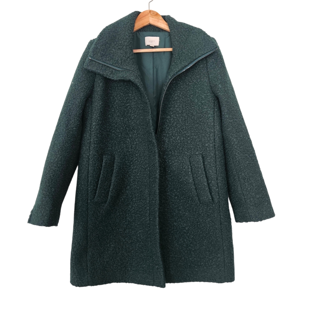 LOFT Dark Green Bouclé Pea Coat with Funnel Collar Full Zipper Size S